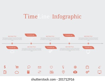 Timeline infographic with diagram and text months ago and set of line icons in retro style