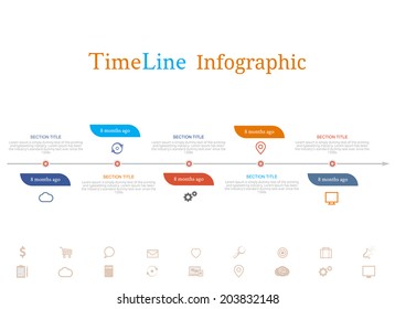 Timeline infographic with diagram and text months ago and set of line icons in modern style