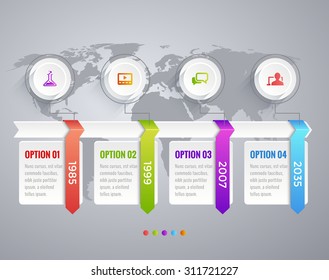 Timeline Infographic with diagrams, data options and text. World Map. Icons