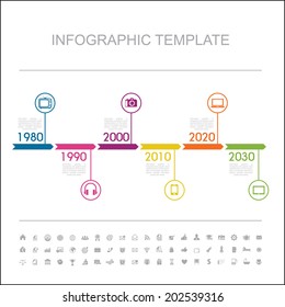 Timeline Infographic with diagrams. With set of Icons. Vector design