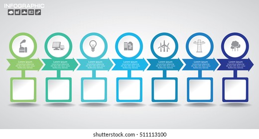 Timeline Infographic with diagrams and text with 7 options.