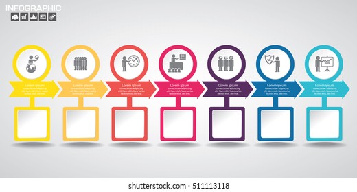 Timeline Infographic with diagrams and text with 7 options.