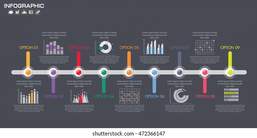 Timeline Infographic with diagrams and text 9 options.
