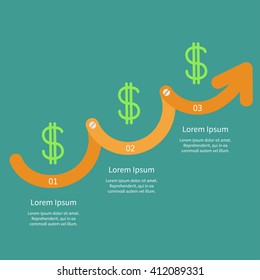 Timeline Infographic Dollar sign icon. Three step orange upwards arrow with screw Flat design. Vector illustration