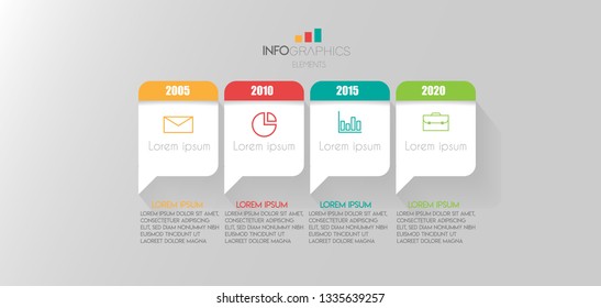 Timeline infographic element with icons and 4 options or step. Can be used for process, presentation, diagram, workflow layout, info graph, web design. Vector illustration.