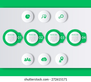 Timeline infographic elements, icons, step labels in green, vector illustration, eps10, easy to edit