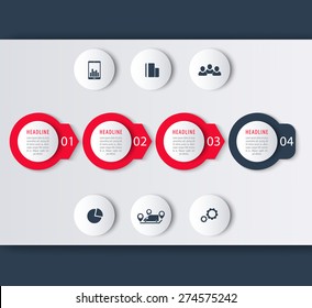 Timeline Infographic Elements, Icons, Step Labels In Blue And Red, Vector Illustration