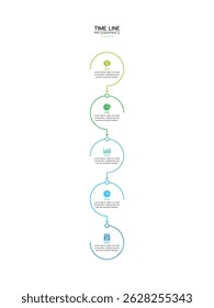 Timeline infographic featuring five vertical, connected circles with a gradient outline from light green to blue. Each circle contains a thin line icon and adjacent placeholder text labeled "STEP".