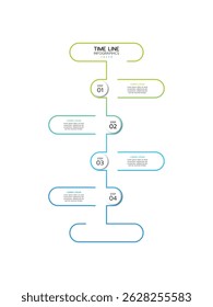 Timeline infographic featuring four vertical, connected rounded rectangles with a gradient outline from light green to blue. Each rectangle is connected to a numbered circle labeled "STEP".