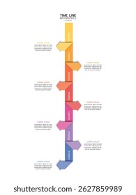 Timeline infographic featuring seven horizontal arrow banners stacked vertically with a gradient from yellow to blue. Each banner is labeled "STEP" and has placeholder text. Vector illustration.