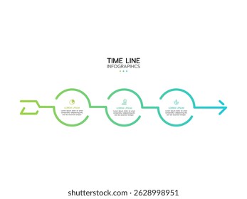 Timeline infographic featuring three horizontal, connected circles with a gradient outline from light green to light blue, leading to a right-pointing arrow. Each circle contains a thin line icon. 