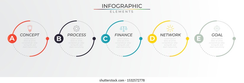 Timeline infographic with five steps circular elements. Annual process template. Modern vector art for company or corporate business project and presentation. Trendy Eps10 design
