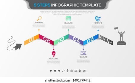 Timeline infographic with five steps design vector and business icons suitable for workflow layout, diagram, annual report. Colorful 3D paper label isolated on grey background.