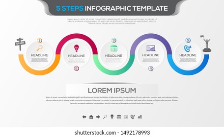 Timeline infographic with five steps design vector and business icons suitable for workflow layout, diagram, annual report. Colorful 3D paper label isolated on grey background.