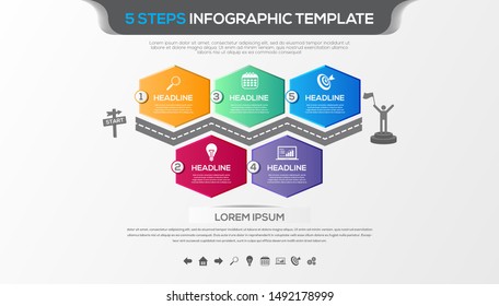 Timeline infographic with five steps design vector and business icons suitable for workflow layout, diagram, annual report. Colorful 3D paper label isolated on grey background.
