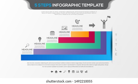 Timeline infographic with five steps design vector and business icons suitable for workflow layout, diagram, annual report. Colorful 3D paper label isolated on grey background.