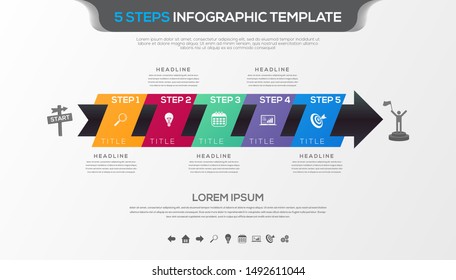 Timeline infographic with five steps design vector and business icons suitable for workflow layout, diagram, annual report. Colorful 3D paper label isolated on grey background.