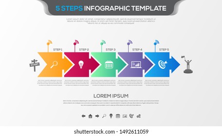 Timeline infographic with five steps design vector and business icons suitable for workflow layout, diagram, annual report. Colorful 3D paper label isolated on grey background.