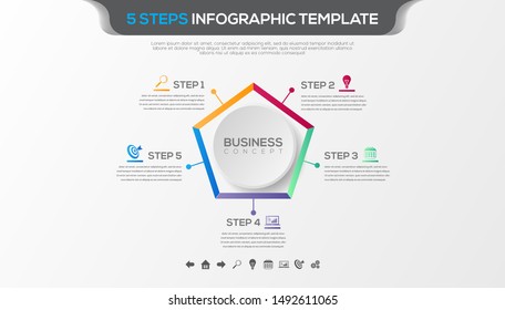 Timeline infographic with five steps design vector and business icons suitable for workflow layout, diagram, annual report. Colorful 3D paper label isolated on grey background.
