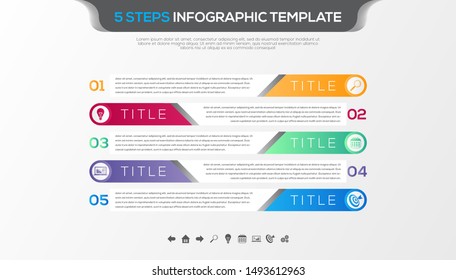Timeline infographic with five steps design vector and business icons suitable for workflow layout, diagram, annual report. Colorful 3D paper label isolated on grey background.