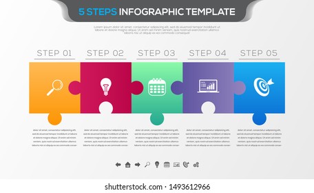 Timeline infographic with five steps design vector and business icons suitable for workflow layout, diagram, annual report. Colorful 3D paper label isolated on grey background.