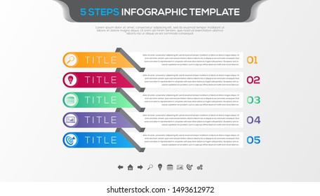 Timeline infographic with five steps design vector and business icons suitable for workflow layout, diagram, annual report. Colorful 3D paper label isolated on grey background.