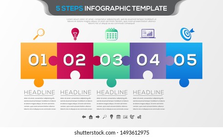 Timeline infographic with five steps design vector and business icons suitable for workflow layout, diagram, annual report. Colorful 3D paper label isolated on grey background.