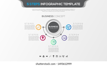 Timeline infographic with five steps design vector and business icons suitable for workflow layout, diagram, annual report. Colorful 3D paper label isolated on grey background.