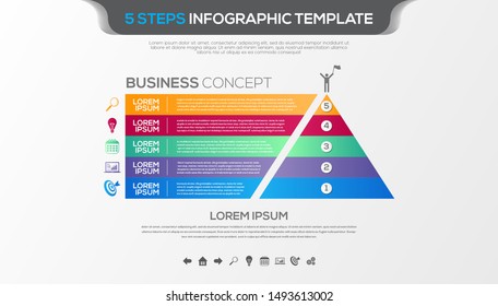 Timeline infographic with five steps design vector and business icons suitable for workflow layout, diagram, annual report. Colorful 3D paper label isolated on grey background.