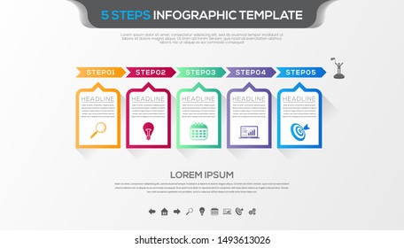 Timeline infographic with five steps design vector and business icons suitable for workflow layout, diagram, annual report. Colorful 3D paper label isolated on grey background.