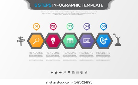 Timeline infographic with five steps design vector and business icons suitable for workflow layout, diagram, annual report. Colorful 3D paper label isolated on grey background.