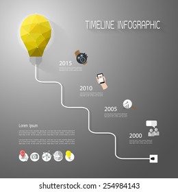 Timeline infographic with flat icons and low-poly lamp.