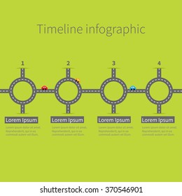 Timeline Infographic four step round circle crossroad set. Road white marking and cartoon cars. Numbers. Template. Flat design. Green grass background. Vector illustration