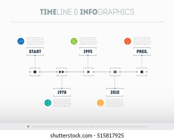 Timeline infographic with icons and buttoms - record, rewind, play, pause, stop. Vector illustration