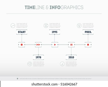 Timeline infographic with icons and buttoms - record, rewind, play, pause, stop. Vector illustration.