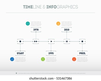Timeline infographic with icons and buttoms - record, rewind, play, pause, stop. Vector illustration.