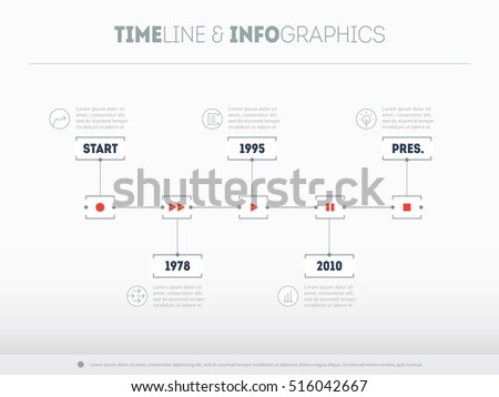 Timeline infographic with icons and buttoms - record, rewind, play, pause, stop. Vector illustration.