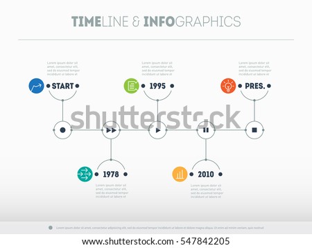 Timeline infographic with icons and buttoms - record, rewind, play, pause, stop. Vector illustration.