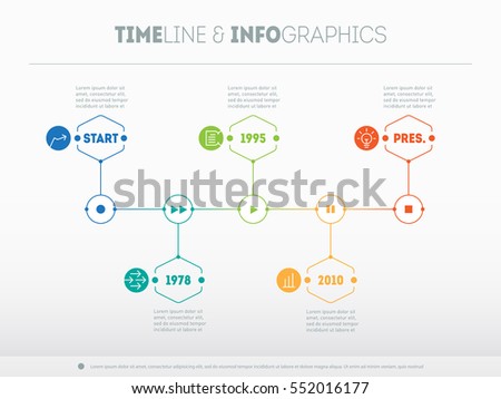 Timeline infographic with icons and buttoms - record, rewind, play, pause, stop. Time line of Social tendencies and trends graph. Business concept with options, parts, steps or technology processes.