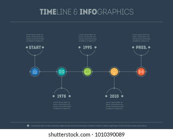 Timeline infographic with icons and buttoms. Vector illustration on dark background.