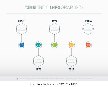 Timeline infographic with icons and buttoms. Vector time line.