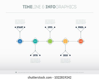 Timeline infographic with icons and buttoms. Vector illustration. Info graphic of technology or education process with 5 steps.