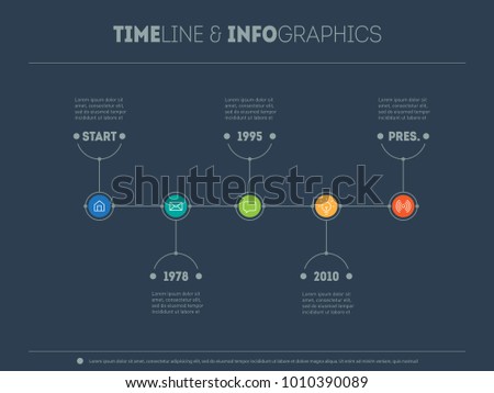 Timeline infographic with icons and buttoms. Vector illustration on dark background.