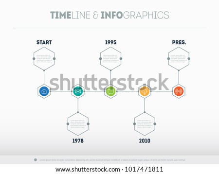 Timeline infographic with icons and buttoms. Vector time line.