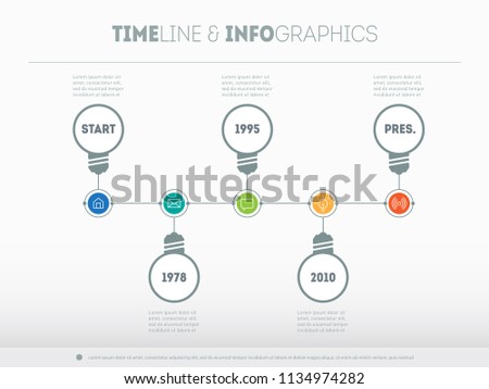 Timeline infographic with icons and buttoms. Vector time line with bulb lamps.