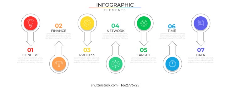 Timeline infographic with icons and seven steps arrwow target. Chart process template. Modern vector for company or corporate business project and presentation. Trendy Eps10 design