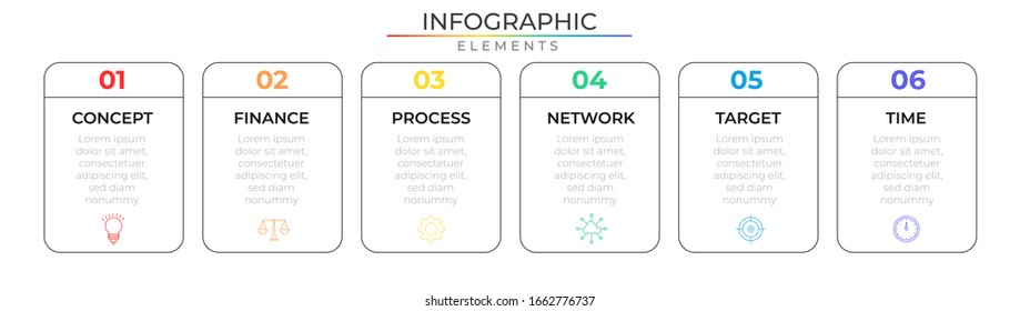 Timeline infographic with icons and six steps. Chart process template. Modern vector art for company or corporate business project and presentation. Trendy Eps10 design illustration