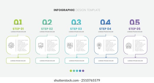 Infografía de línea de tiempo con gráfico de información. Moderna Plantilla de presentación con 5 pasos para el proceso de negocio. Plantilla de Sitio web sobre fondo blanco para el concepto de diseño moderno.