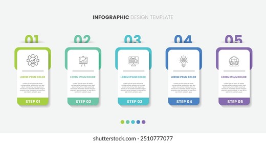 Infografía de línea de tiempo con gráfico de información. Moderna Plantilla de presentación con 5 pasos para el proceso de negocio. Plantilla de Sitio web sobre fondo blanco para el concepto de diseño moderno.