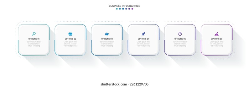 Timeline infographic with infochart. Modern presentation template with 6 spets for business process. Website template on white background for concept modern design. Horizontal layout.